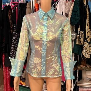 Sheer aqua Gozzi gauzy button down shirt with cufflink like dramatic cuffs